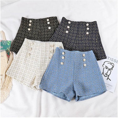 Button Decorated Tweed Shorts for Women