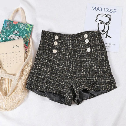 Button Decorated Tweed Shorts for Women