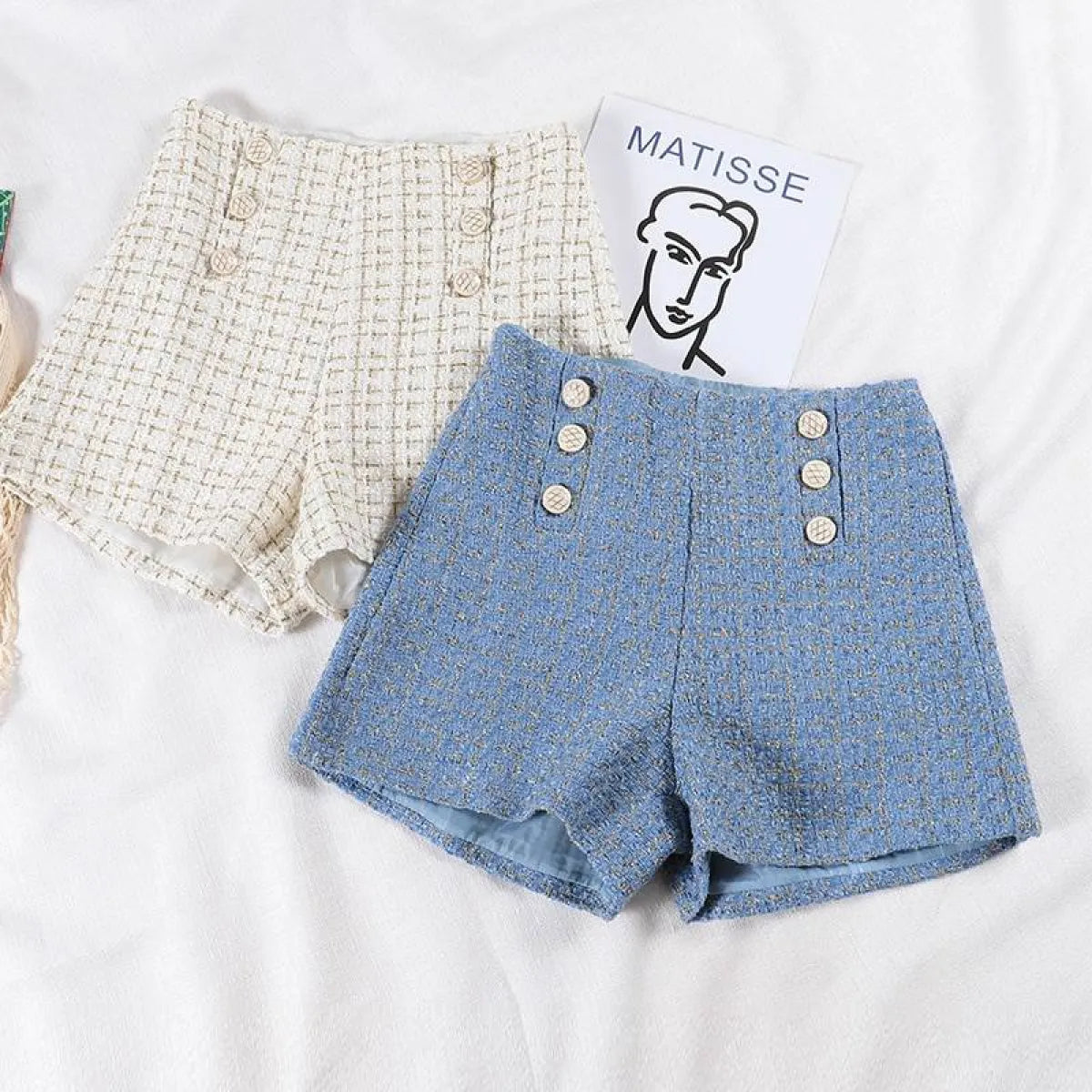 Button Decorated Tweed Shorts for Women