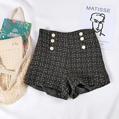 Button Decorated Tweed Shorts for Women