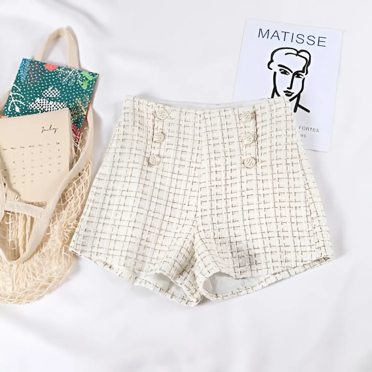 Button Decorated Tweed Shorts for Women