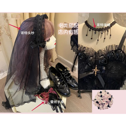 Victorian Gothic Lolita Dress - Sweet Lace & Rose Detail