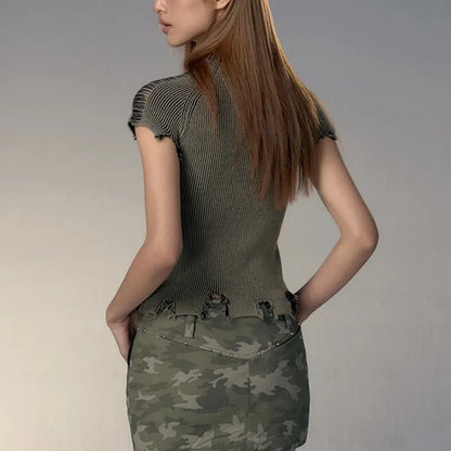 Vintage Distressed Knitted Top - Grunge Aesthetics Crop Tee