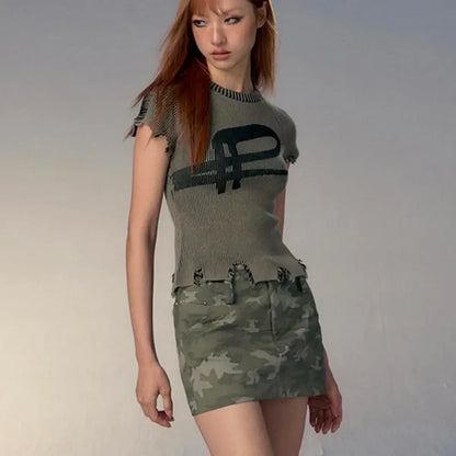 Vintage Distressed Knitted Top - Grunge Aesthetics Crop Tee