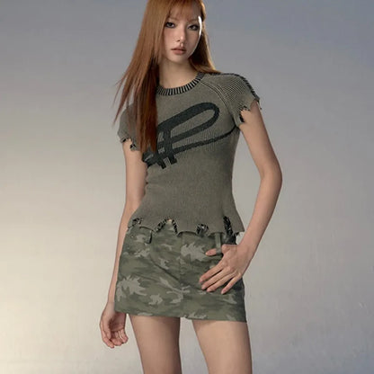 Vintage Distressed Knitted Top - Grunge Aesthetics Crop Tee