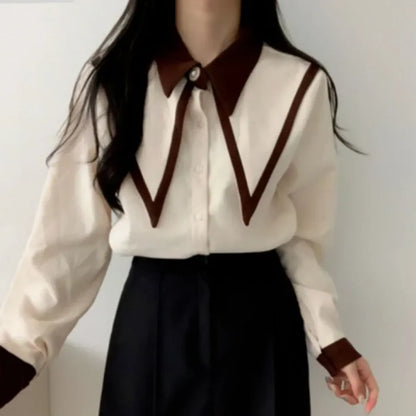 Vintage Peaked Collar Blouse – Elegant Puff Sleeve Button-Up Shirt