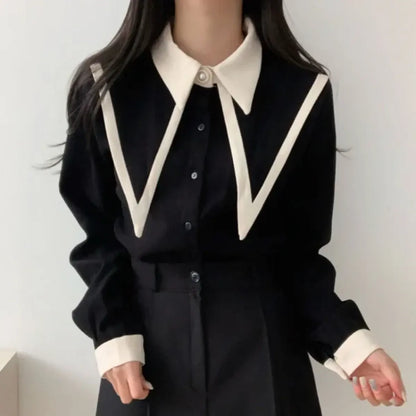 Vintage Peaked Collar Blouse – Elegant Puff Sleeve Button-Up Shirt