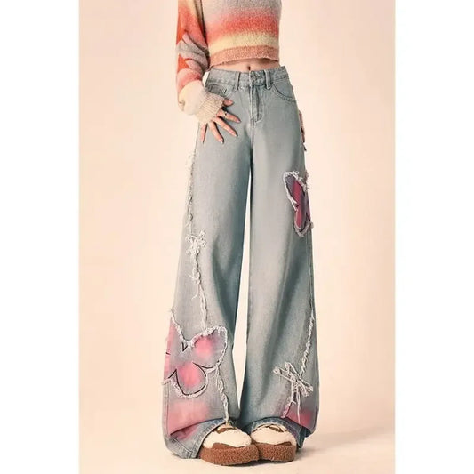 Butterfly Print Wide-Leg Jeans – Vintage Y2K Aesthetic