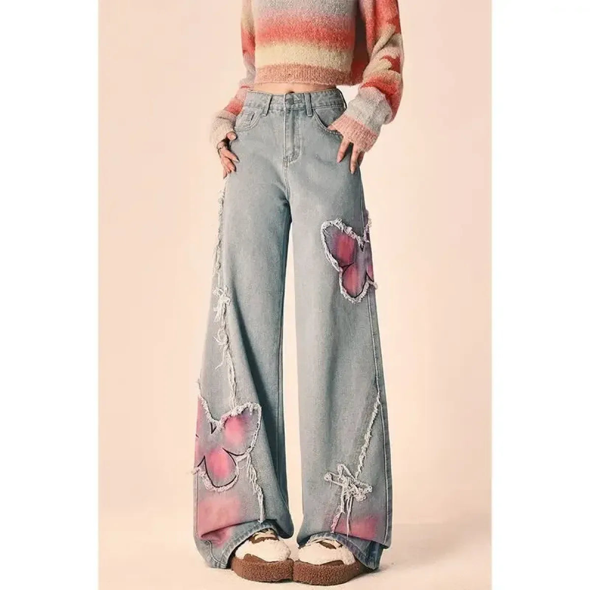 Butterfly Print Wide-Leg Jeans – Vintage Y2K Aesthetic