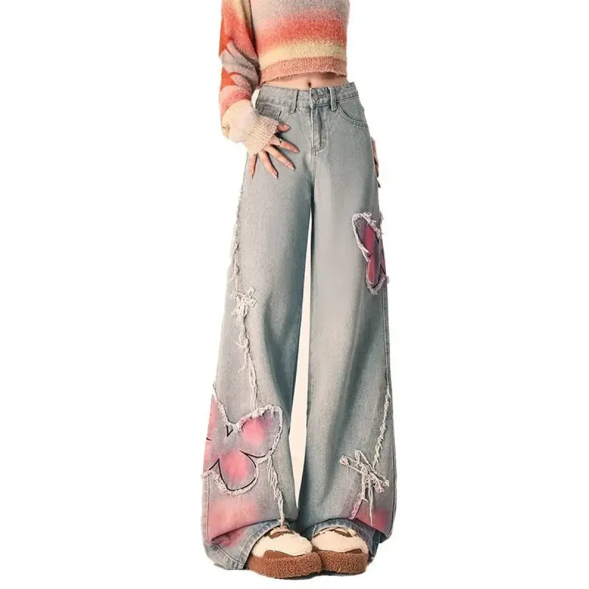 Butterfly Print Wide-Leg Jeans – Vintage Y2K Aesthetic