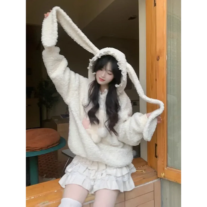 White Bunny Hoodie – Soft Lamb Wool Fleece Pullover Winter Style