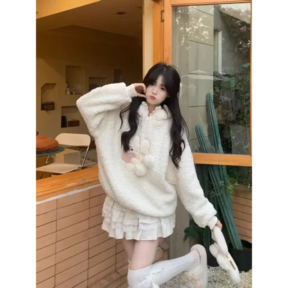 White Bunny Hoodie – Soft Lamb Wool Fleece Pullover Winter Style