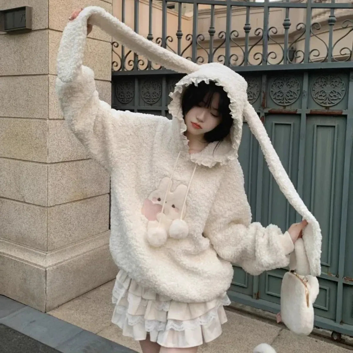 White Bunny Hoodie – Soft Lamb Wool Fleece Pullover Winter Style