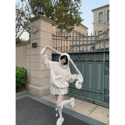 White Bunny Hoodie – Soft Lamb Wool Fleece Pullover Winter Style