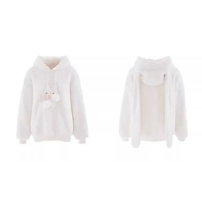 White Bunny Hoodie – Soft Lamb Wool Fleece Pullover Winter Style