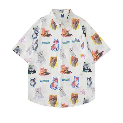 White Kawaii Cat Print Oversized Shirt – Harajuku Short Sleeve Blouse
