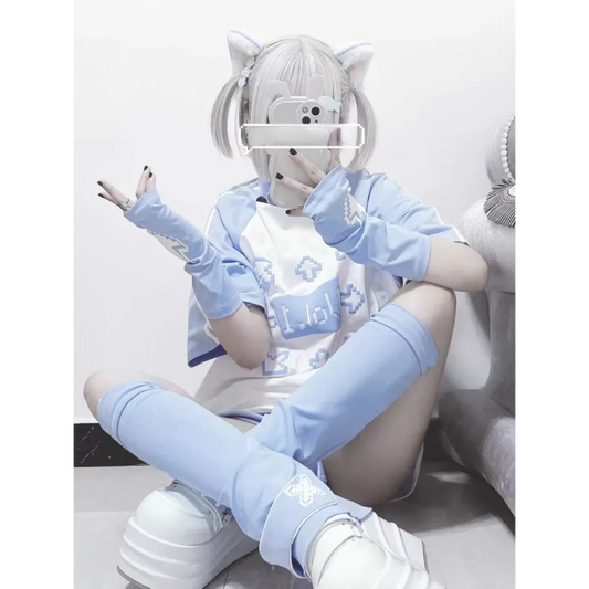 Blue & White Kawaii Harajuku Tops – Y2K Anime Print Top