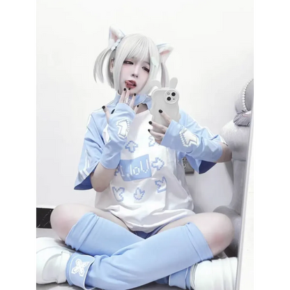 Blue & White Kawaii Harajuku Tops – Y2K Anime Print Top