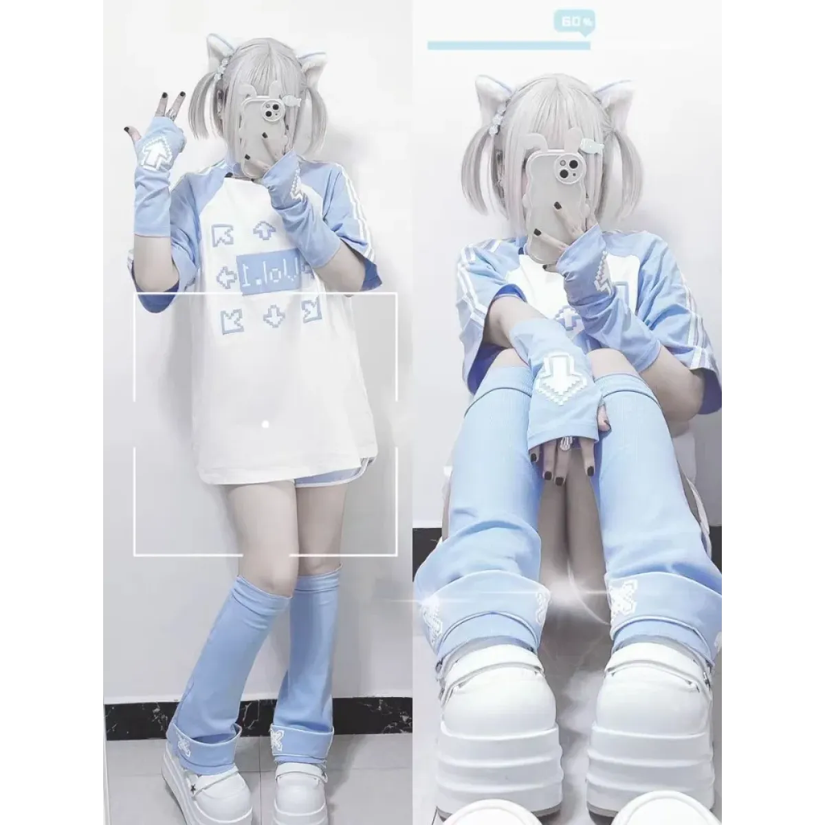 Blue & White Kawaii Harajuku Tops – Y2K Anime Print Top