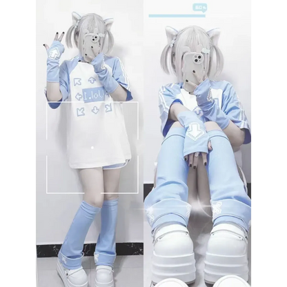 Blue & White Kawaii Harajuku Tops – Y2K Anime Print Top