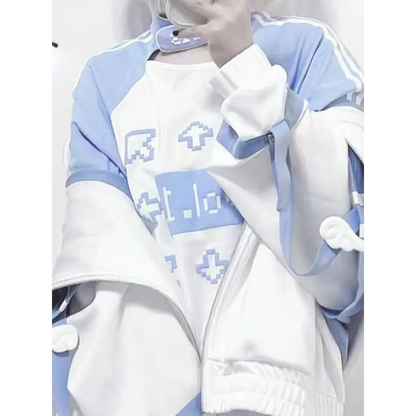 Blue & White Kawaii Harajuku Tops – Y2K Anime Print Top