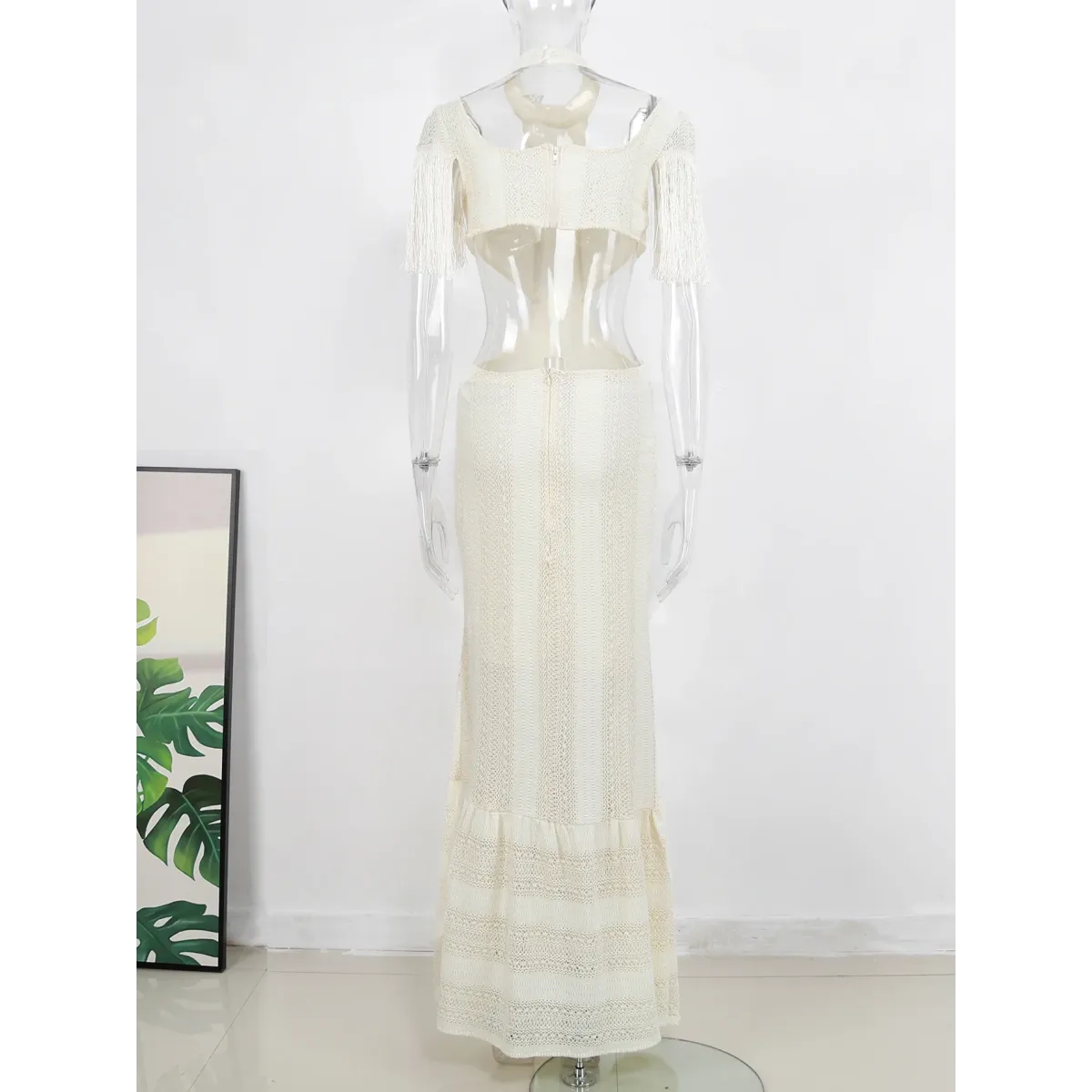 White Lace Turtleneck Dress: Sexy Slim Fit with Tassel Sleeves