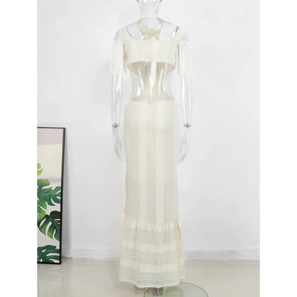 White Lace Turtleneck Dress: Sexy Slim Fit with Tassel Sleeves