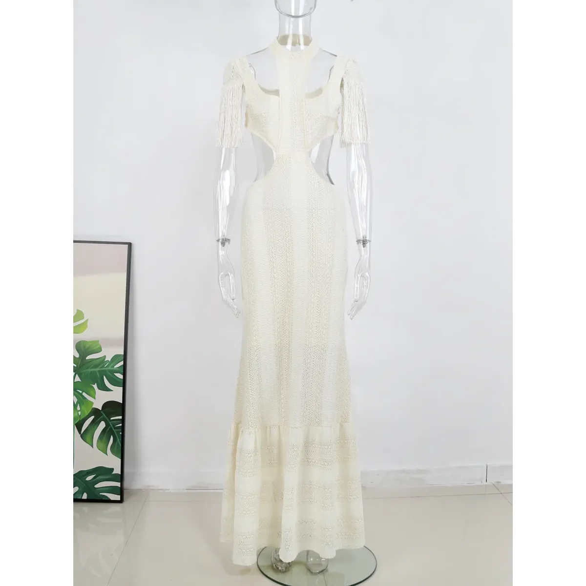 White Lace Turtleneck Dress: Sexy Slim Fit with Tassel Sleeves