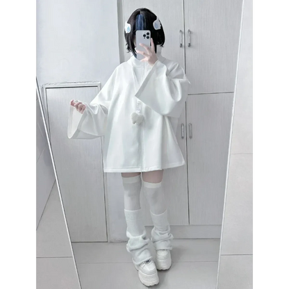 White Oversized Harajuku Hoodie – Embroidered Y2K Aesthetic Zip-Up
