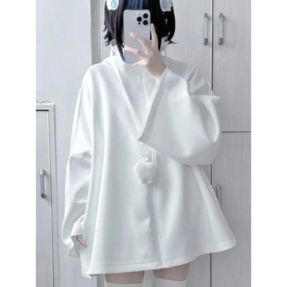 White Oversized Harajuku Hoodie – Embroidered Y2K Aesthetic Zip-Up