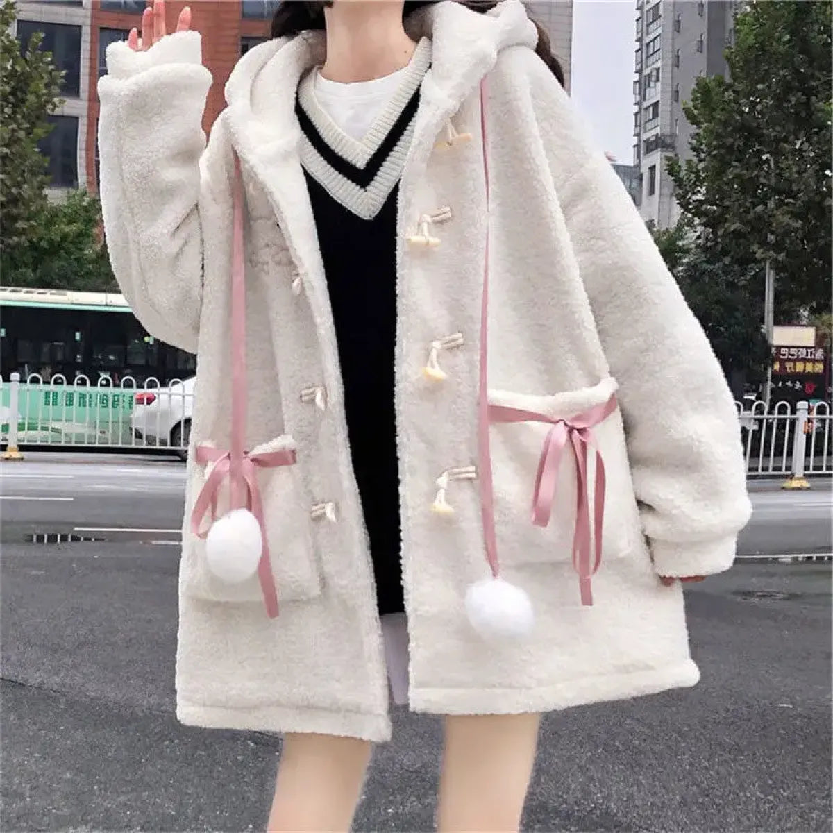 Winter Teddy Coat Women’s Oversized Hooded Jacket with Bows and Pockets