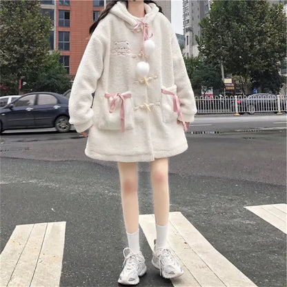 Winter Teddy Coat Women’s Oversized Hooded Jacket with Bows and Pockets