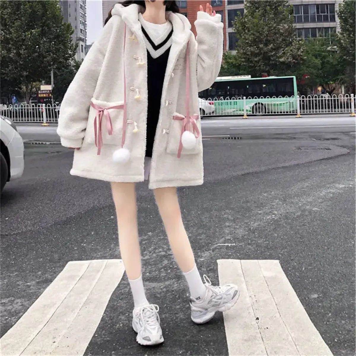 Winter Teddy Coat Women’s Oversized Hooded Jacket with Bows and Pockets
