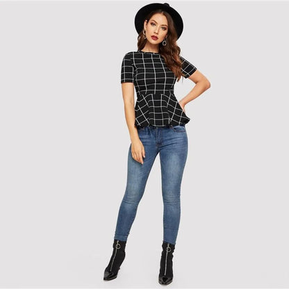 Women's Plaid Design Black Blouse