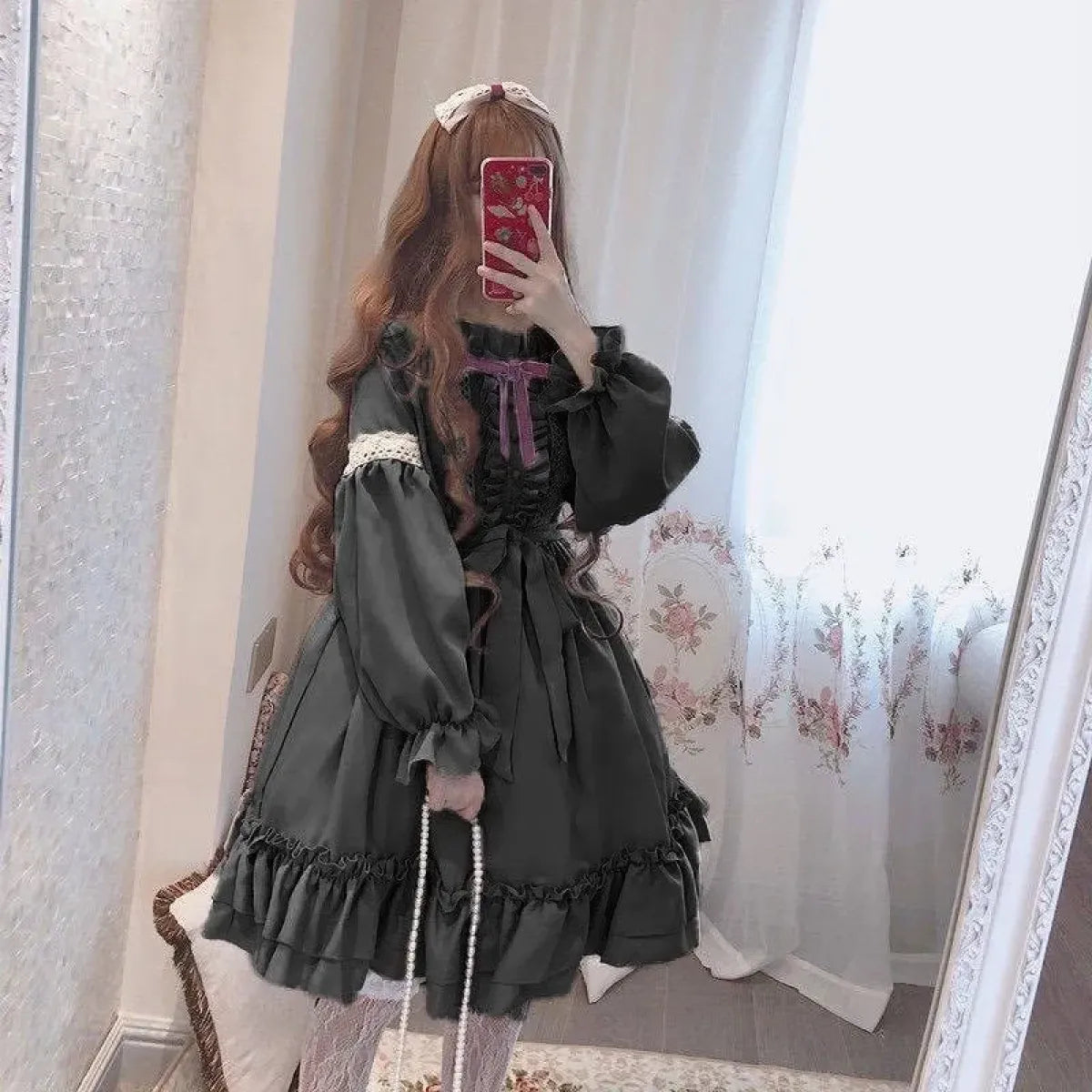 Alice in Wonderland Lolita Dress – Harajuku Fairycore Long Sleeve OP with Lace Trim