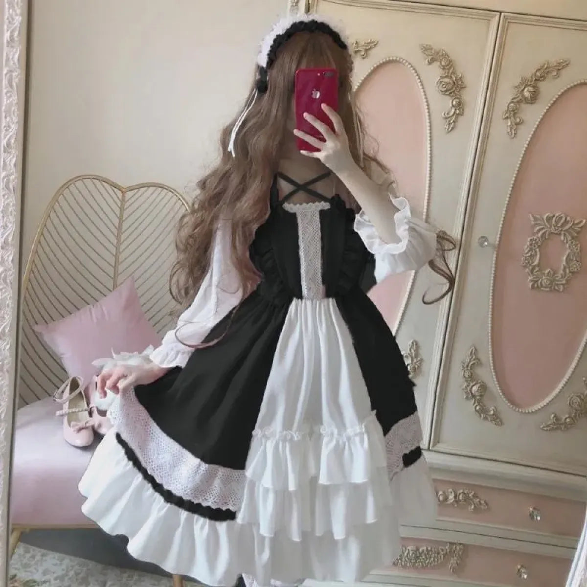 Alice in Wonderland Lolita Dress – Harajuku Fairycore Long Sleeve OP with Lace Trim