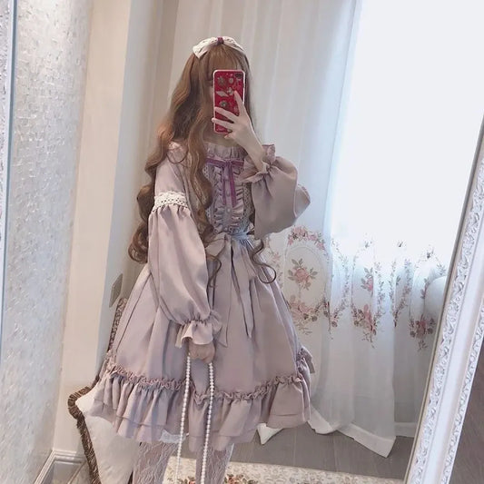 Alice in Wonderland Lolita Dress – Harajuku Fairycore Long Sleeve OP with Lace Trim