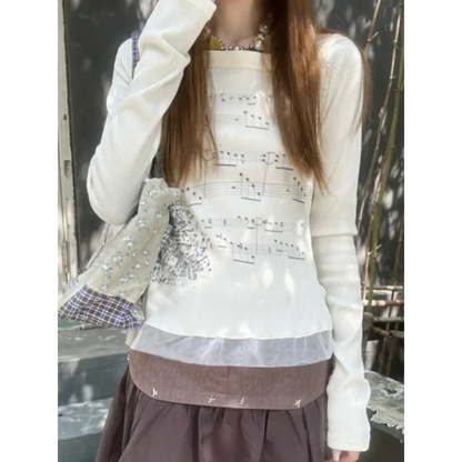 Y2K Aesthetic Long Sleeve Crop Top – Lace Grunge Print T-Shirt