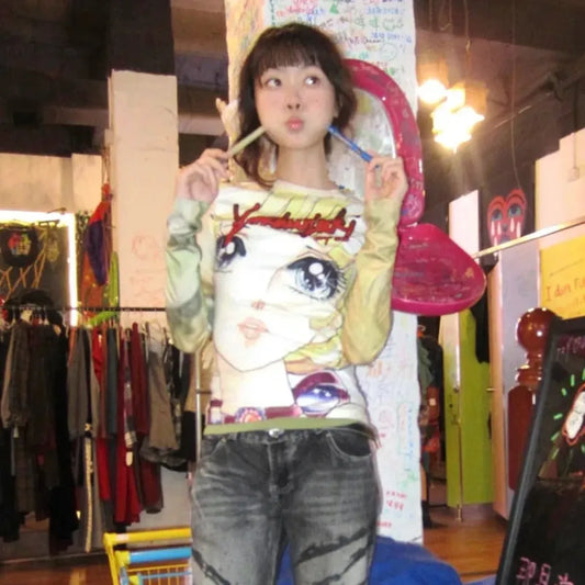 Y2K Anime Print Long Sleeve Tee – Harajuku Kawaii 2000s Aesthetic T-Shirt