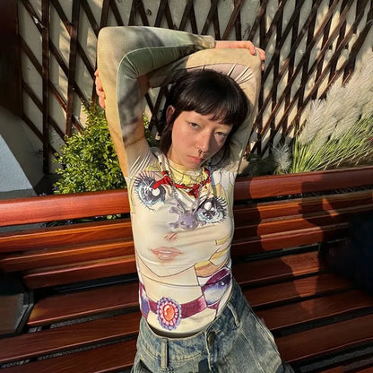 Y2K Anime Print Long Sleeve Tee – Harajuku Kawaii 2000s Aesthetic T-Shirt