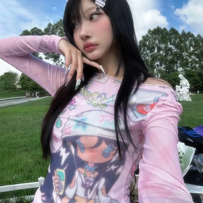 Y2K Anime Print Mesh Top – Pink Sheer Harajuku Kawaii T-Shirt