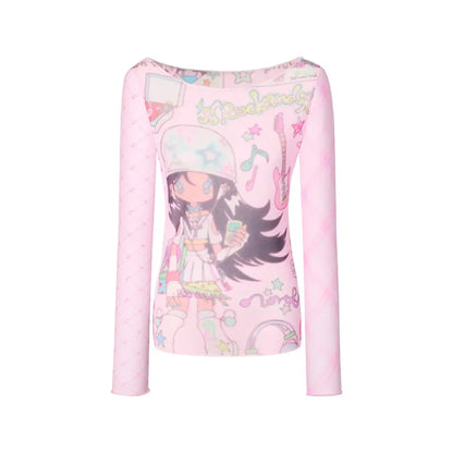 Y2K Anime Print Mesh Top – Pink Sheer Harajuku Kawaii T-Shirt