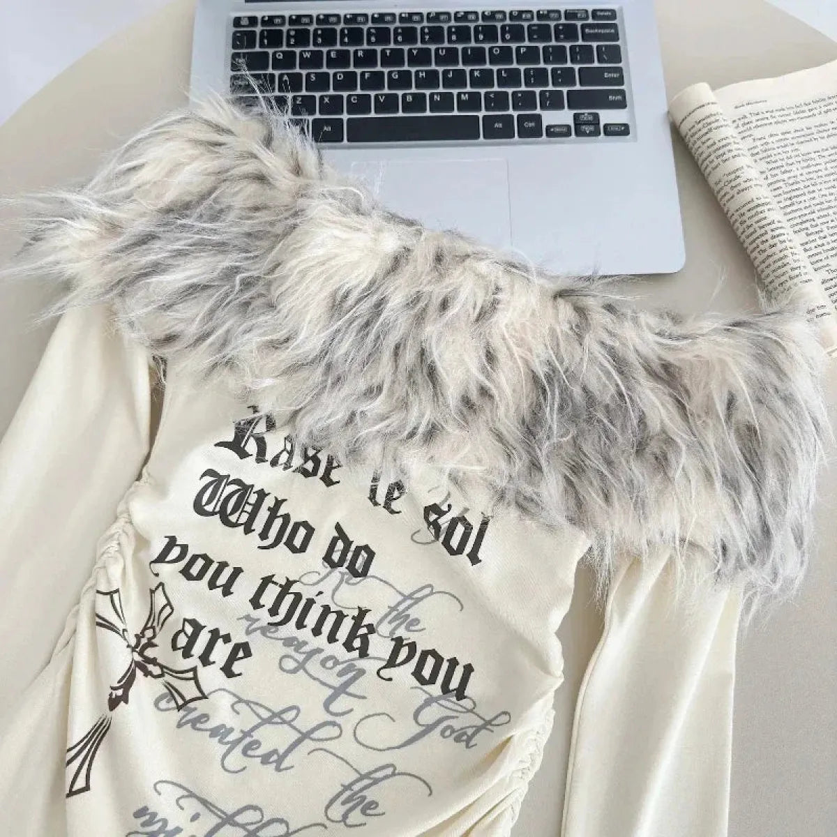 Y2K Coquette Off-Shoulder Top – Faux Fur Trim Long Sleeve