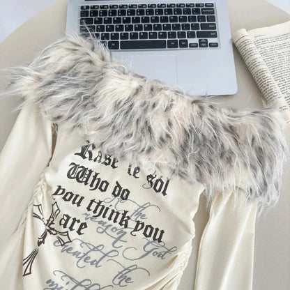 Y2K Coquette Off-Shoulder Top – Faux Fur Trim Long Sleeve