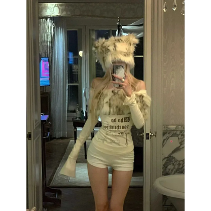 Y2K Coquette Off-Shoulder Top – Faux Fur Trim Long Sleeve