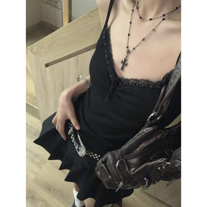 Black Lace Trim Tank Top – Y2K Gothic Coquette Punk Grunge Crop Top