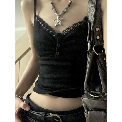 Black Lace Trim Tank Top – Y2K Gothic Coquette Punk Grunge Crop Top