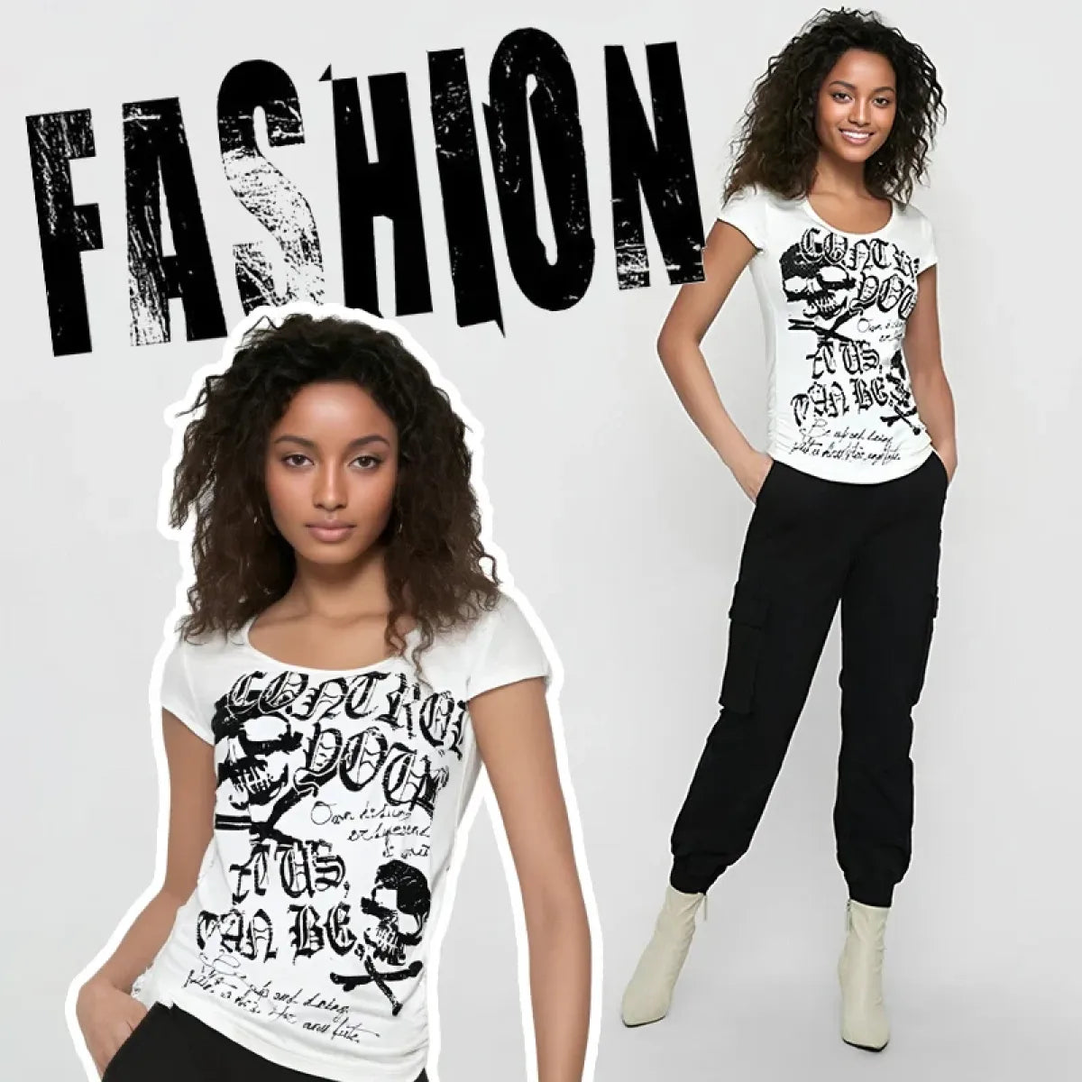 Y2K Gothic Punk T-Shirt – Skeleton Print Slim Fit Tee