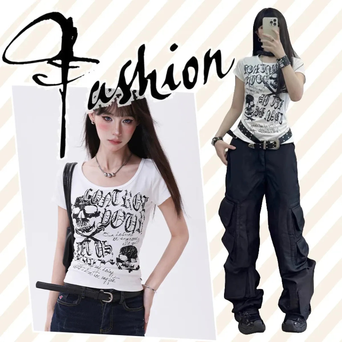 Y2K Gothic Punk T-Shirt – Skeleton Print Slim Fit Tee
