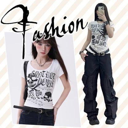 Y2K Gothic Punk T-Shirt – Skeleton Print Slim Fit Tee